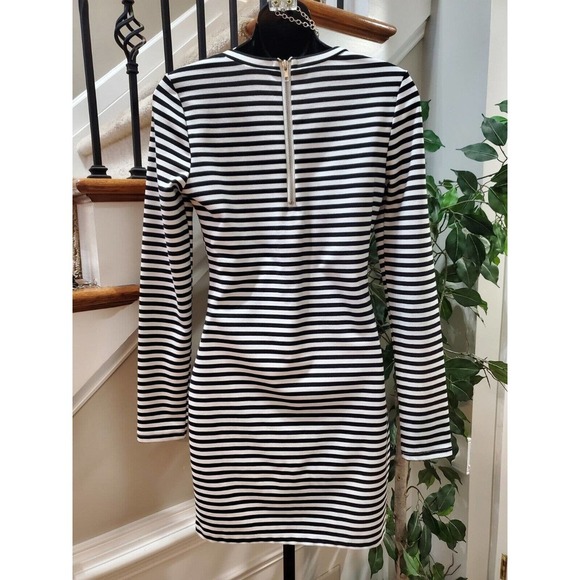 Tea & Cup Black White Striped Long Sleeve Back Zip Knee Length Dress Size Small - Picture 6 of 10